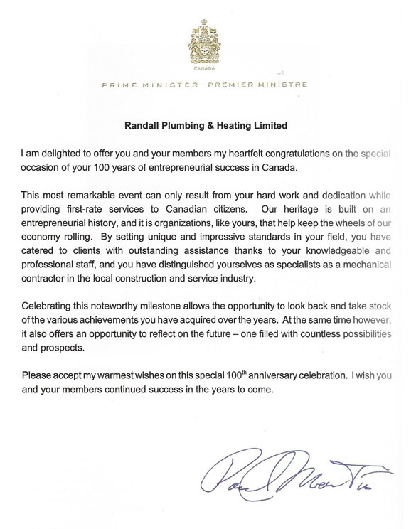 Letter from The Prime Minister of Canada